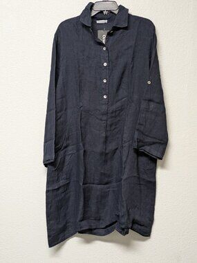 Ornella Navy Blue Collared Button Front Roll Tab Sleeves Shirt Dress - XXXL